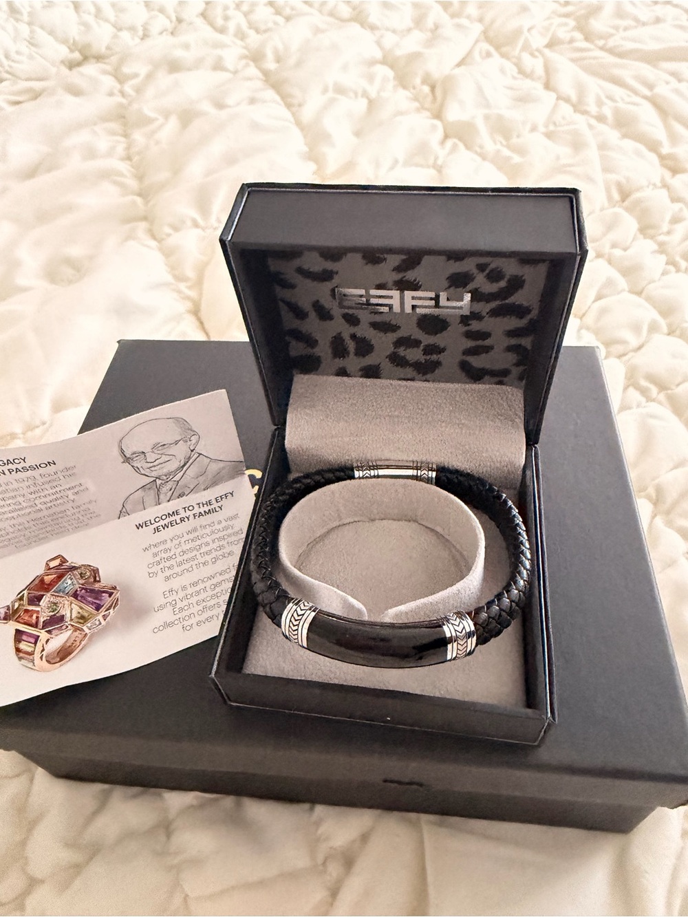 Effy Black Braided Leather Bracelet with Hematite Center and Silver men